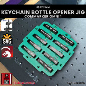 A top-down view of the ComMarker Omni 1 keychain jig holding ten blank metal keychain bottle openers.