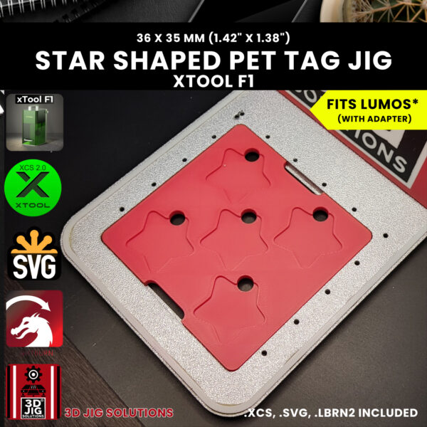 A close-up shot of the laser engraving jig with a laser-engraved star pet tag, showing the detailed and perfectly centered design.