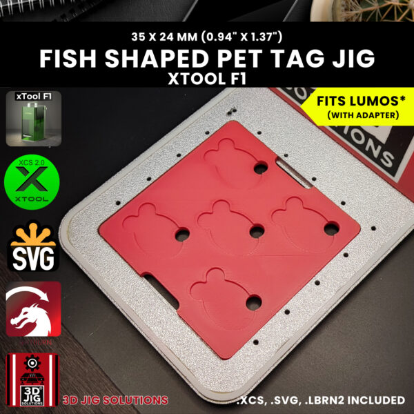 A close-up shot of the laser engraving jig with a laser-engraved fish pet tag, showing the detailed and perfectly centered design.
