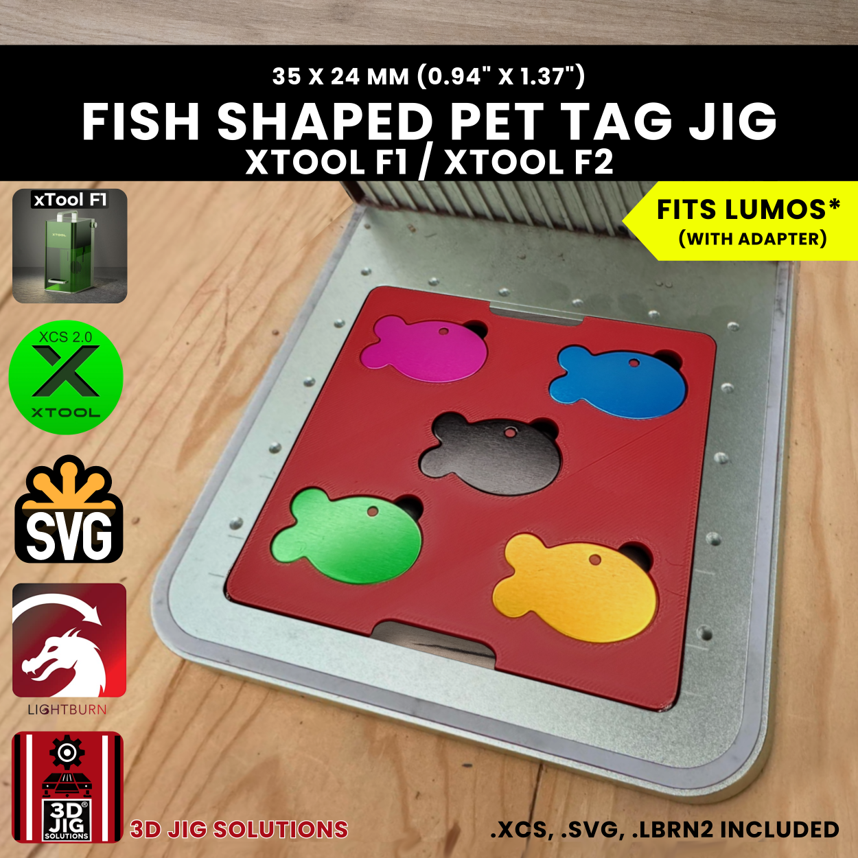 A top-down view of the xTool F1 & F2 Fish Pet Tag Laser Engraving Jig holding eight blank fish-shaped metal tags.