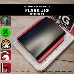 A top-down view of the xTool F1 Flask Laser Engraving Jig holding a silver 6 oz flask.