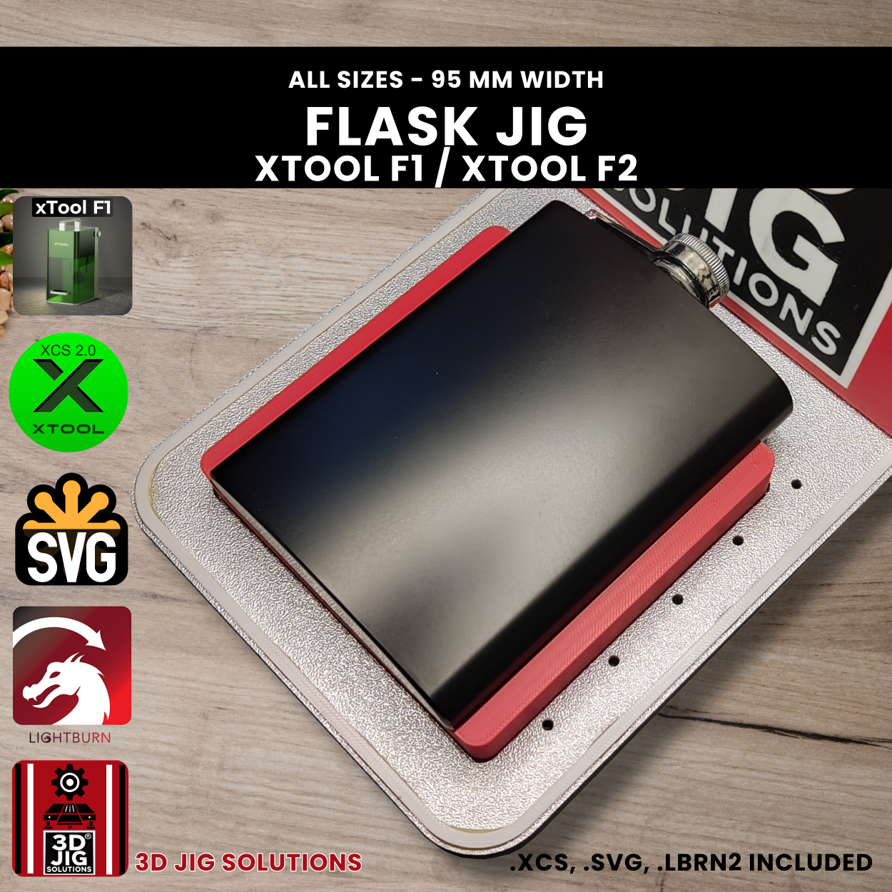 A top-down view of the xTool F1 Flask Laser Engraving Jig holding a silver 6 oz flask.