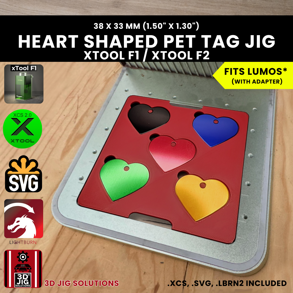 A top-down view of the xTool F1 Heart Pet Tag Laser Engraving Jig holding five blank heart-shaped metal tags.