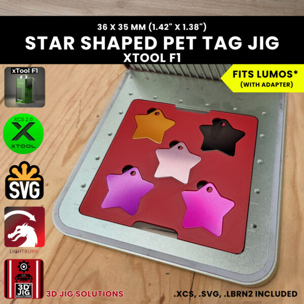 A top-down view of the xTool F1 Star Pet Tag Laser Engraving Jig holding eight blank star-shaped metal tags.