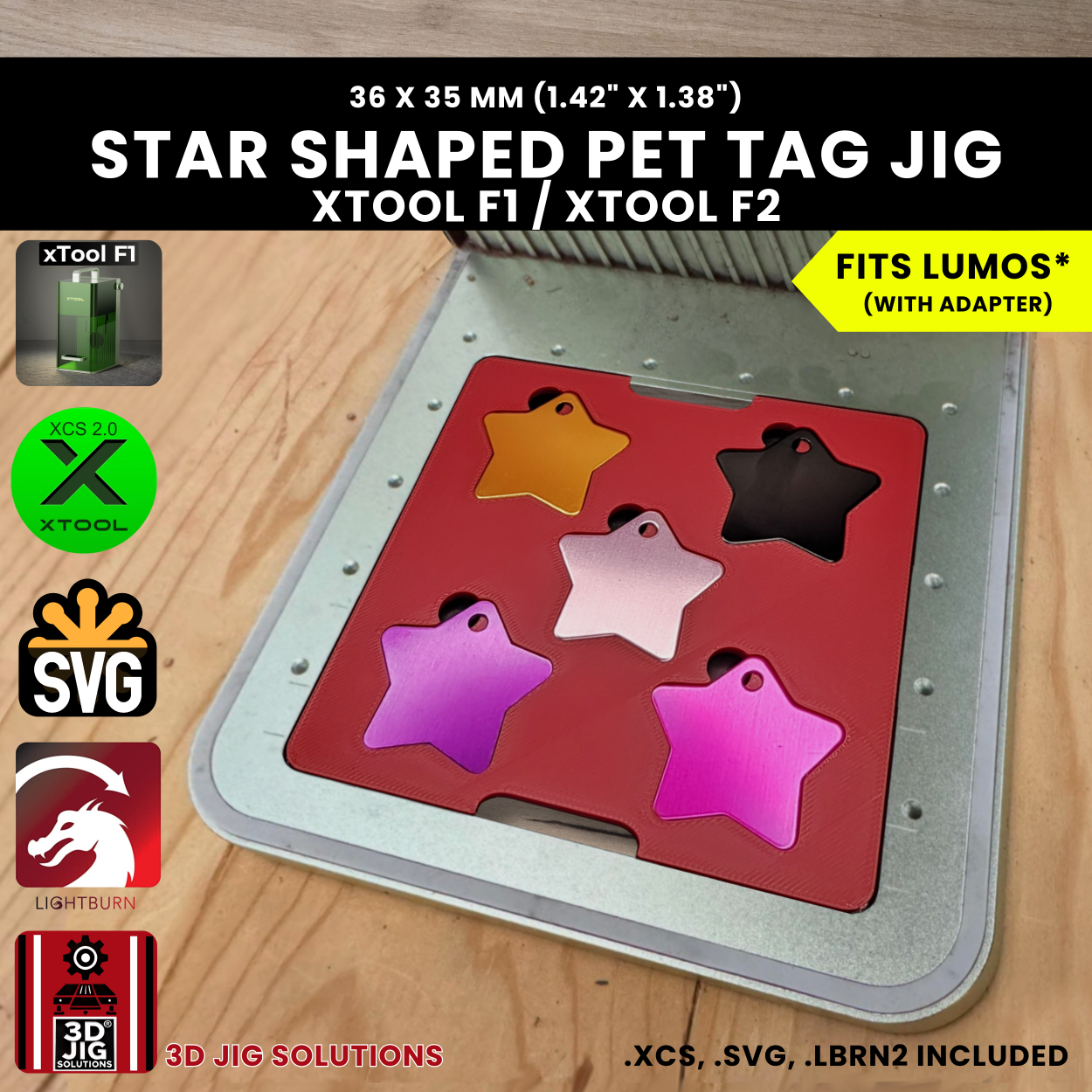 A top-down view of the xTool F1 & F2 Star Pet Tag Laser Engraving Jig holding eight blank star-shaped metal tags.