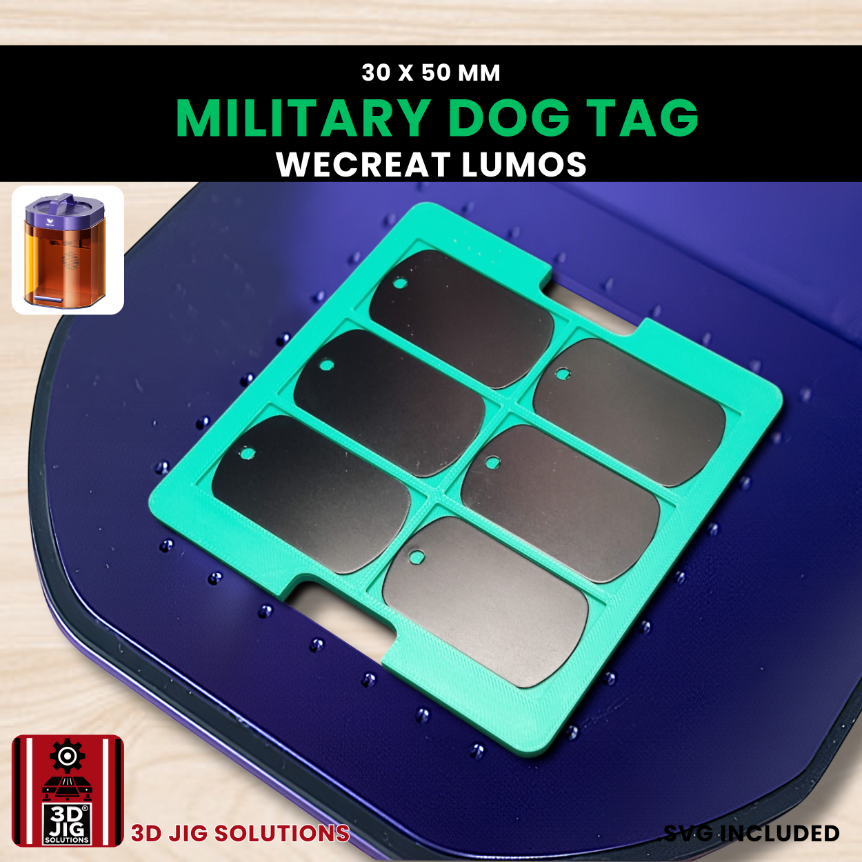 Lumos engraving fixture for dog tags